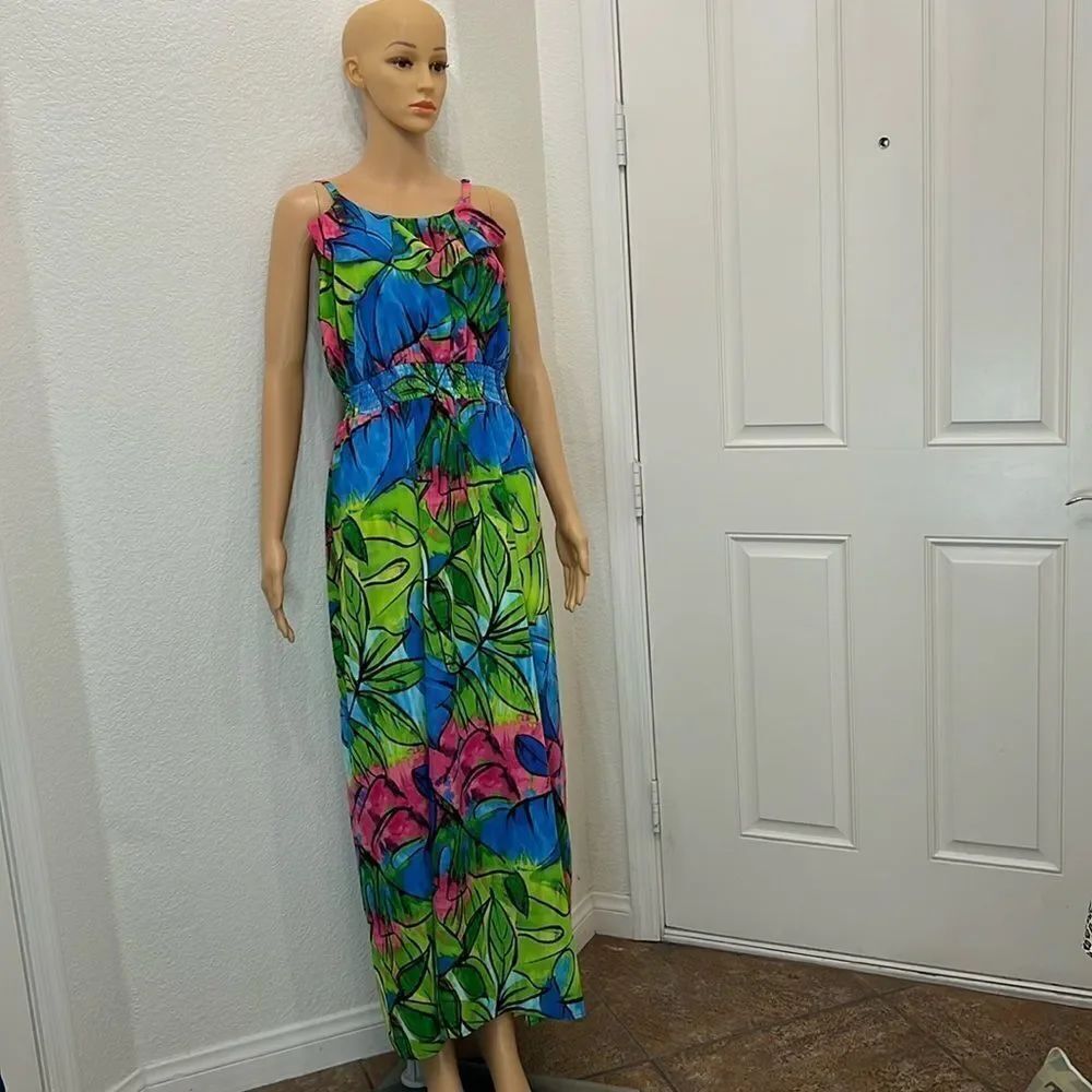 Lane Bryant Dress Sz 14 Scoop Neck Adjustable Straps Elastic Waist Colorfull